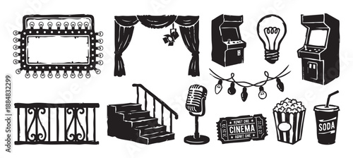 Collection of hand-drawn entertainment icons including a cinema marquee, arcade game, stage curtain, popcorn, and vintage microphone in a retro linocut illustration style