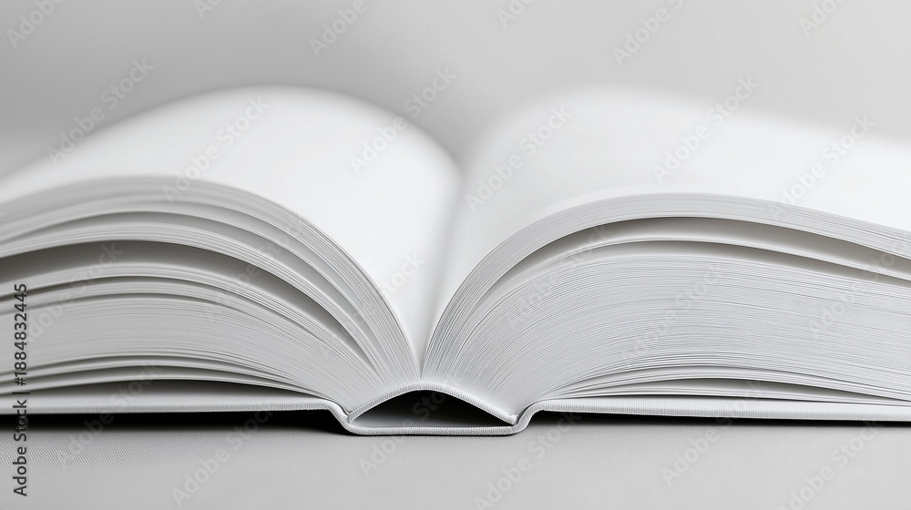 Fototapeta premium Open blank book with empty pages ready for writing or drawing, minimalistic style