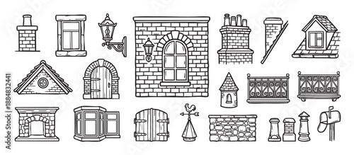 Set of hand-drawn architectural elements featuring vintage building parts like windows, doors, chimneys, and roofs in a black and white doodle sketch style for design projects