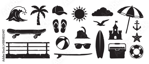 Set of black summer vacation silhouettes featuring beach and surfing elements like a wave, palm tree, surfboard, and sun, all designed with a rustic, stamped texture