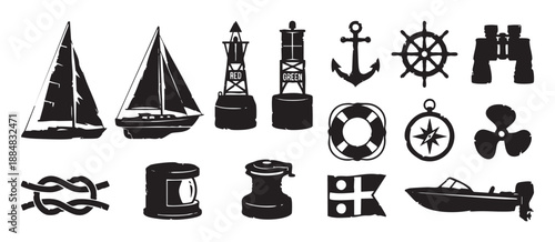 Set of black maritime and sailing icons with a rough, hand-drawn style, including a sailboat, anchor, helm, compass, lifebuoy, buoy, binoculars, and other nautical elements