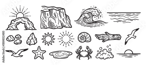 Set of hand-drawn beach and sea icons featuring a wave, cliff, crab, and sun in a minimalist black and white line art style for nature and travel themed designs