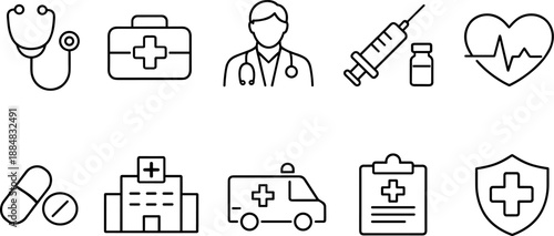 Set of black line icons representing healthcare and medical services including doctor, stethoscope, hospital bed, mental health, IV drip, heart in hands, medical checklist, and patient care. Minimalis
