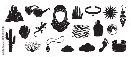 Collection of black desert themed silhouettes including a cactus, lizard, sun, moon, and accessories in a graphic stamp style for travel and adventure concepts