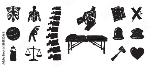Collection of black physiotherapy and chiropractic icons in a hand-drawn grunge style, featuring a spine, massage table, cupping cups, and other wellness symbols for therapy
