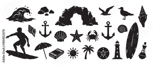 Set of black beach and summer-themed icons in a distressed, hand-drawn style, featuring a surfer, wave, anchor, seashell, lighthouse, and other nautical vacation symbols