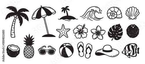 Collection of hand-drawn black and white summer beach icons including a palm tree, umbrella, seashell, and pineapple, rendered in a simple doodle sketch illustration style