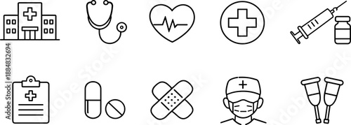 Set of black line icons representing healthcare and medical services including doctor, stethoscope, hospital bed, mental health, IV drip, heart in hands, medical checklist, and patient care. Minimalis