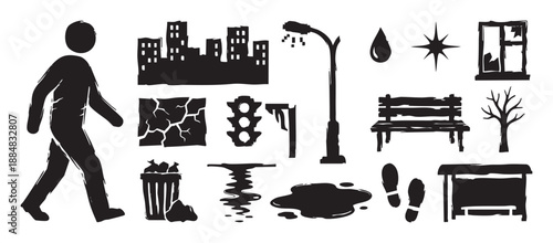 Collection of black urban life icons in a rough, hand-drawn grunge stamp style, featuring a pedestrian, city skyline, bench, lamppost, and other city elements