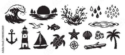 Collection of black pixel art sea icons featuring a wave, lighthouse, anchor, sailboat, turtle, and other nautical symbols in a retro 8-bit video game style illustration