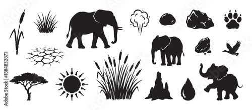 Large set of black safari silhouettes featuring elephants, an acacia tree, reeds, a paw print, cracked earth, and other various nature icons for design and illustration projects