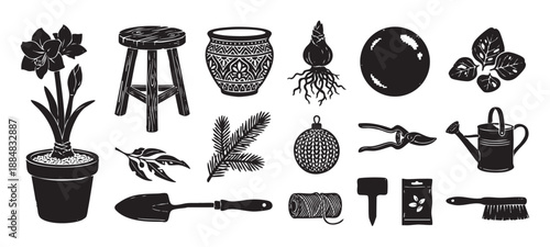 Black silhouette gardening and holiday planting icons in a rustic woodcut style with an amaryllis, bulb, tools, pot, and a festive Christmas ornament