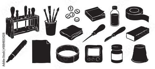 Large collection of various crafting supplies and workshop tools depicted in a bold, black and white graphic illustration style with a hand-drawn, woodcut aesthetic