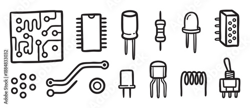Set of hand-drawn electronic components including a microchip, resistor, capacitor, and circuit board in a simple black and white doodle style illustration