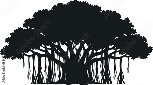 Big Banyan tree vector silhouette isolated on white background. Indian national tree with hanging roots illustration. Nature and environment icon design element.