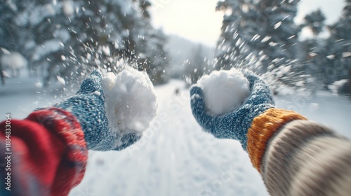 Wallpaper Mural Winter fun: hands holding snowballs in a snowy landscape Torontodigital.ca