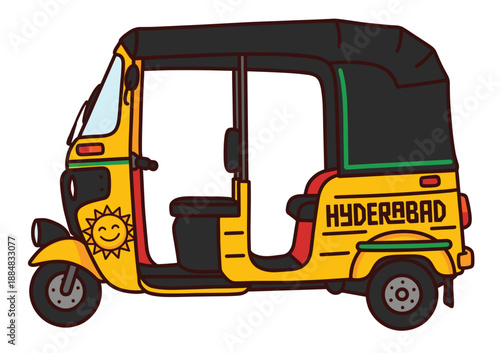 Hyderabad city auto rickshaw vector illustration. Yellow Indian tuk tuk transport vehicle with text. Public transportation taxi icon for travel and tourism design in Telangana.