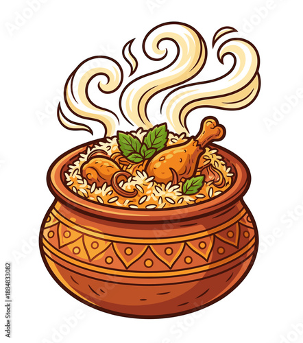Hyderabadi chicken biryani vector illustration in clay pot. Traditional Indian spicy rice food with steam. Famous Hyderabad cuisine icon for restaurant menu or delivery design.