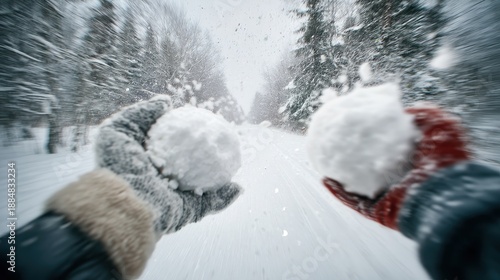 Wallpaper Mural Enjoying winter snowball fight in a forested pathway Torontodigital.ca