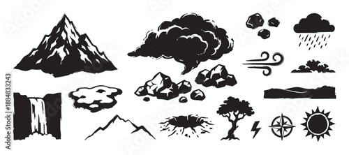 Set of black hand-drawn nature icons including a mountain, sun, wind, and waterfall in a rough, grunge, stamp-like style for adventure and exploration themes