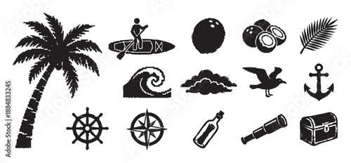 Black silhouette icon set with a distressed texture, featuring nautical, pirate, and tropical travel symbols like a palm tree, anchor, compass, and treasure chest