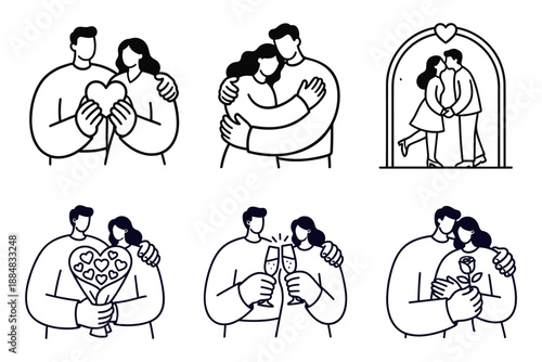Set of romantic couple illustrations collection minimalist line art vector showing hugging kissing and toasting for valentine
