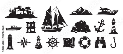 Collection of black nautical silhouette icons with a distressed texture, featuring a sailboat, lighthouse, anchor, ship wheel, yacht, and other maritime adventure elements