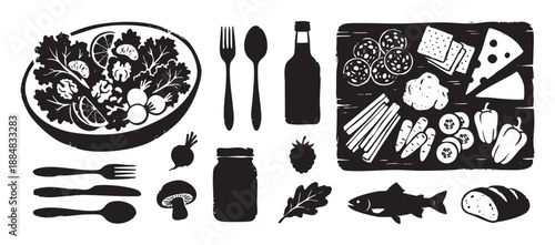 Collection of black food icon silhouettes featuring a salad, charcuterie board, fish, bread, and vegetables in a rustic, hand-drawn woodcut style for menus or recipes