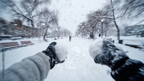 Wallpaper Mural Winter fun with snowball fight in snowy park scene Torontodigital.ca