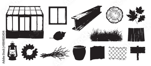 Collection of black grunge style illustrations featuring a greenhouse, lantern, gear, and nature elements in a distressed, stamp-like vector art set for various design projects