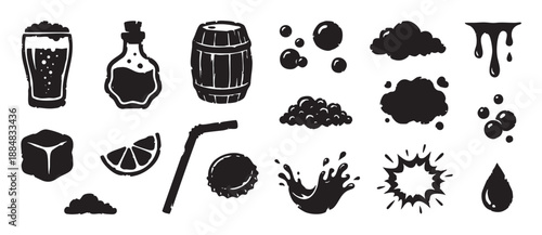 Set of black grunge beverage icons featuring a beer glass, wooden barrel, splash, bubbles, lemon slice, ice cube, bottle cap, and drips in a hand-drawn silhouette style
