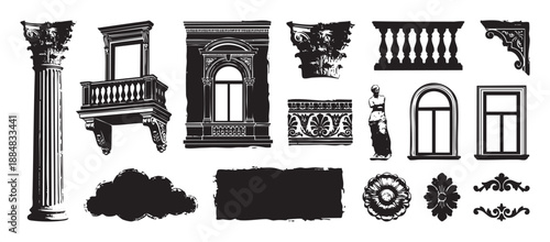 Set of vintage architectural design elements featuring a column, balcony, window, statue, and ornaments in a black and white hand-drawn, high-contrast illustration style
