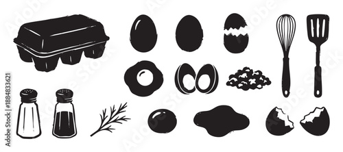 Hand-drawn set of black breakfast food icons showing an egg carton, fried and scrambled eggs, kitchen utensils, and seasonings with a distressed, graphic stamp texture