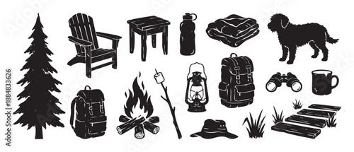 Collection of black camping and hiking icons in a hand-drawn woodcut style showing a campfire, backpack, dog, and pine tree for outdoor adventure concepts