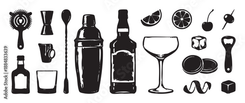 Collection of black bartending tool silhouettes including a shaker, jigger, bottle, and glassware for making cocktails, illustrated in a rustic, hand-drawn stamped style