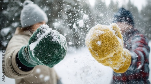 Wallpaper Mural Playful winter fun: close-up of friends enjoying a snow fight Torontodigital.ca