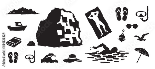 Collection of black hand drawn summer vacation icons in a rough, stamp-like style showing beach activities, sea travel, and seaside elements for graphic design projects