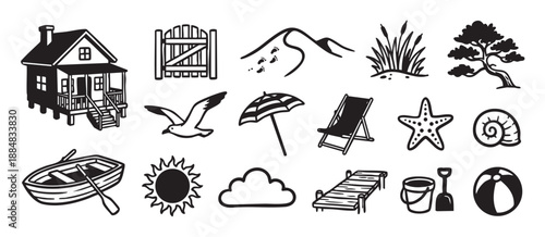 Collection of black and white summer vacation icons including a beach house, boat, umbrella, and seashell in a simple graphic hand-drawn illustration style for holiday concepts
