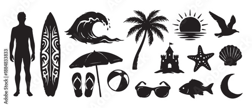 Set of black summer beach vacation silhouettes with a surfer, surfboard, palm tree, wave, sun, and sandcastle in a graphic, hand-drawn illustration style for tropical designs