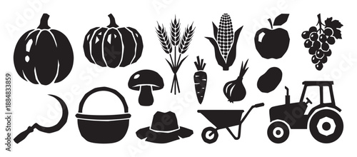 Collection of black farming silhouettes featuring a tractor, pumpkin, wheat, corn, apple, grapes, and various agricultural tools in a simple graphic icon set style