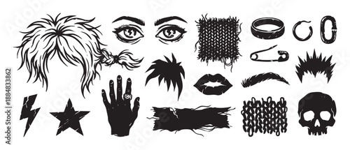Collection of black grunge style elements featuring a skull, spiky hair, star, lightning bolt, and other punk rock symbols in a distressed, hand-drawn vector illustration set