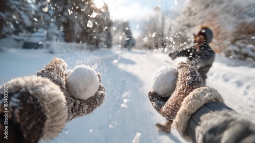 Wallpaper Mural Enjoying a fun snowball fight during a sunny winter day Torontodigital.ca