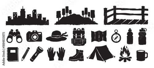 Set of black hand-drawn travel icons for hiking and camping including a backpack, tent, and compass in a rough, stamp-like illustration style