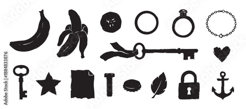 Diverse collection of black silhouette icons featuring various objects with a rough, hand-drawn grunge texture, including a banana, key, diamond ring, anchor, and heart