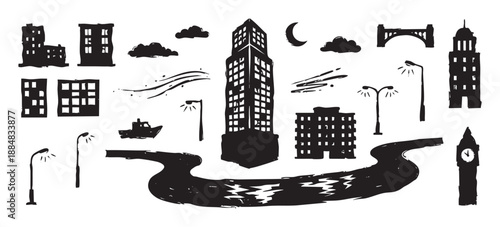 Hand-drawn set of black urban icons in a sketchy linocut style, featuring a skyscraper, buildings, river, boat, bridge, moon, and streetlights for a city-themed design