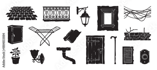 Collection of black hand-drawn urban objects in a rustic linocut style, featuring a cobblestone street, wrought iron balcony, old door, lantern, and other vintage elements