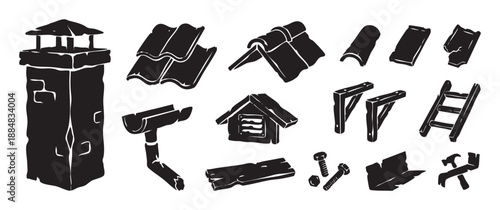 Collection of black silhouette construction icons for roofing and building, including a chimney, tiles, gutter, ladder, hammer, and various hardware elements in a graphic style