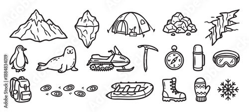 Set of hand-drawn black line icons representing winter exploration, arctic adventure, and mountaineering with a penguin, seal, snowmobile, tent, and other survival gear