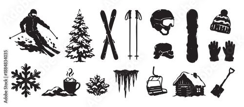 Black and white collection of winter sport icons including a skier, snowboard, cabin, and ski lift in a hand-drawn, grunge silhouette style for seasonal design projects