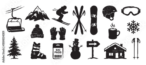 Black hand-drawn winter sport and recreation icons featuring a skier, snowboard, mountain, ski lift, cabin, and equipment in a simple grunge silhouette style